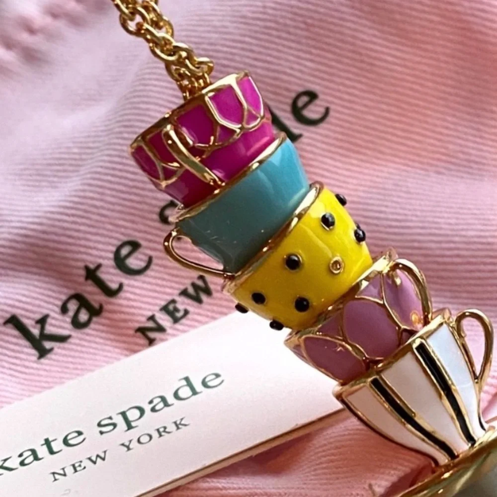 KATE SPADE Tea Time Stacked Teacup Long‎ Pendant Necklace NWT